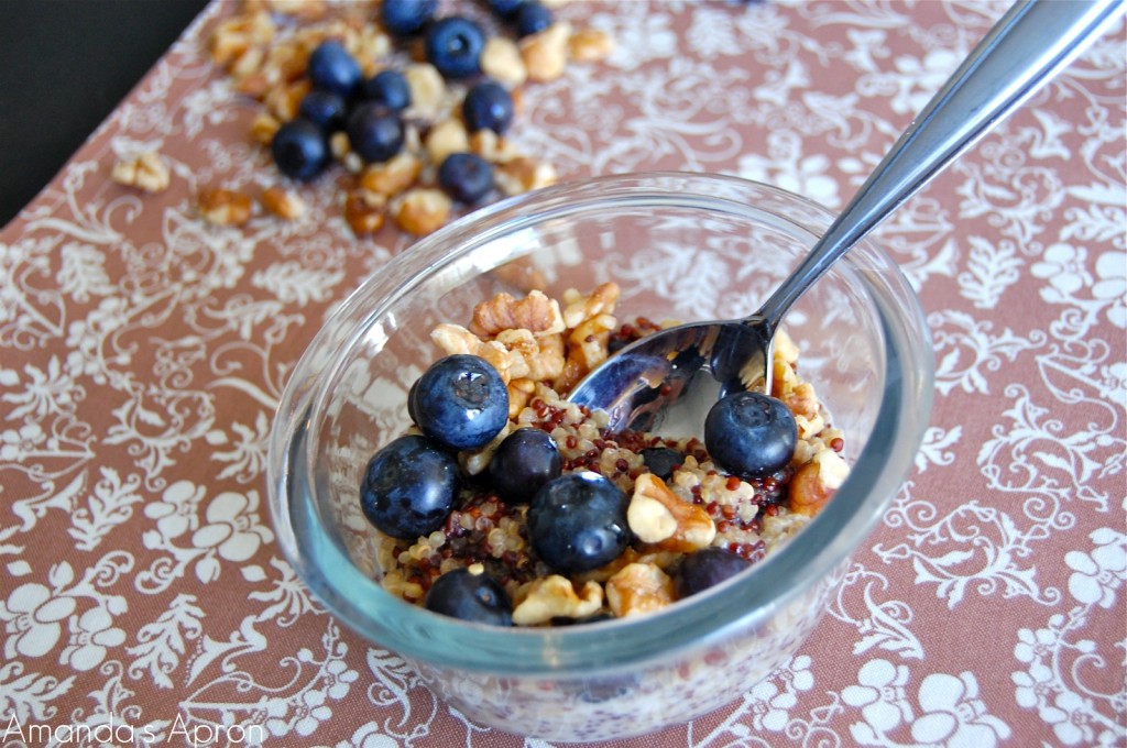Blueberries, Walnuts, and Quinoa for breakfast from Amanda's Apron